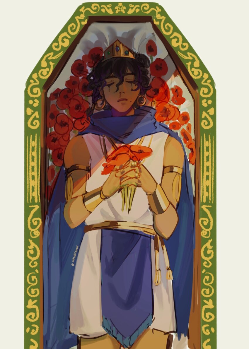 1boy ancient_egyptian_clothes animification black_hair blue_cape bracelet cape casket closed_eyes commentary crown dark-skinned_male dark_skin earrings english_commentary flower gold_bracelet gold_earrings highres holding holding_flower jewelry male_focus minecraft_youtube parkour_civilization poppy_(flower) red_flower robe seawattgaming short_hair simple_background solo tasalisay tassel white_background white_robe