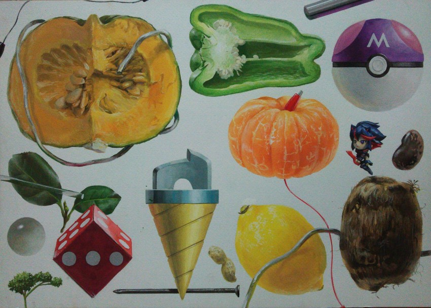 1girl acrylic_paint_(medium) action_figure animal_ears beans bell_pepper black_serafuku blue_hair cat_ears clip coconut dice drill food fruit green_bell_pepper highres holding holding_sword holding_weapon jumping kill_la_kill leaf lemon marble master_ball matoi_ryuuko metal multicolored_hair nail_(hardware) neckerchief nintendo open_mouth orange_(fruit) osumared painting_(medium) parsley peanut poke_ball pokemon red_hair rod school_uniform serafuku simple_background skirt squash still_life streaked_hair sword tengen_toppa_gurren_lagann traditional_media weapon white_background wire