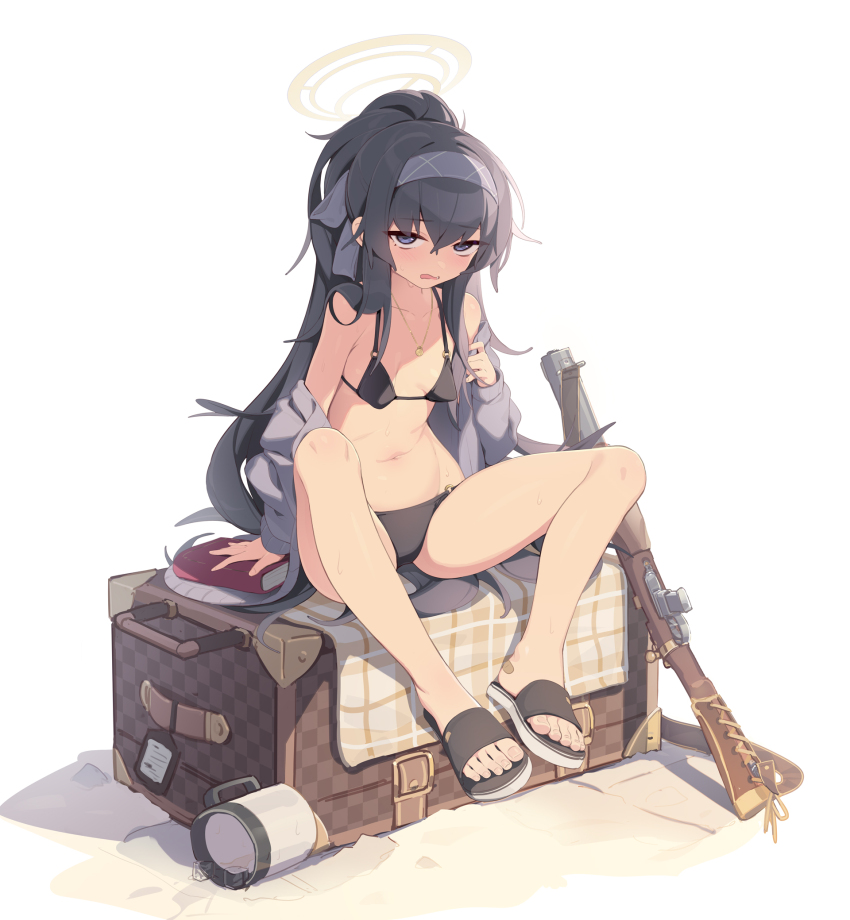 1girl bare_shoulders bikini black_bikini black_hair blue_archive blue_eyes blush bolt-action_rifle breasts carbine collarbone de_lisle_carbine grey_sweater gun hairband halo highres integral_suppressor integrally-suppressed_firearm jewelry long_hair long_sleeves looking_at_viewer navel necklace open_clothes open_mouth pistol-caliber_carbine pointy_breasts ponytail rifle sandals sgt-jz sidelocks sitting small_breasts solo suitcase suppressor sweater swimsuit ui_(blue_archive) ui_(swimsuit)_(blue_archive) weapon