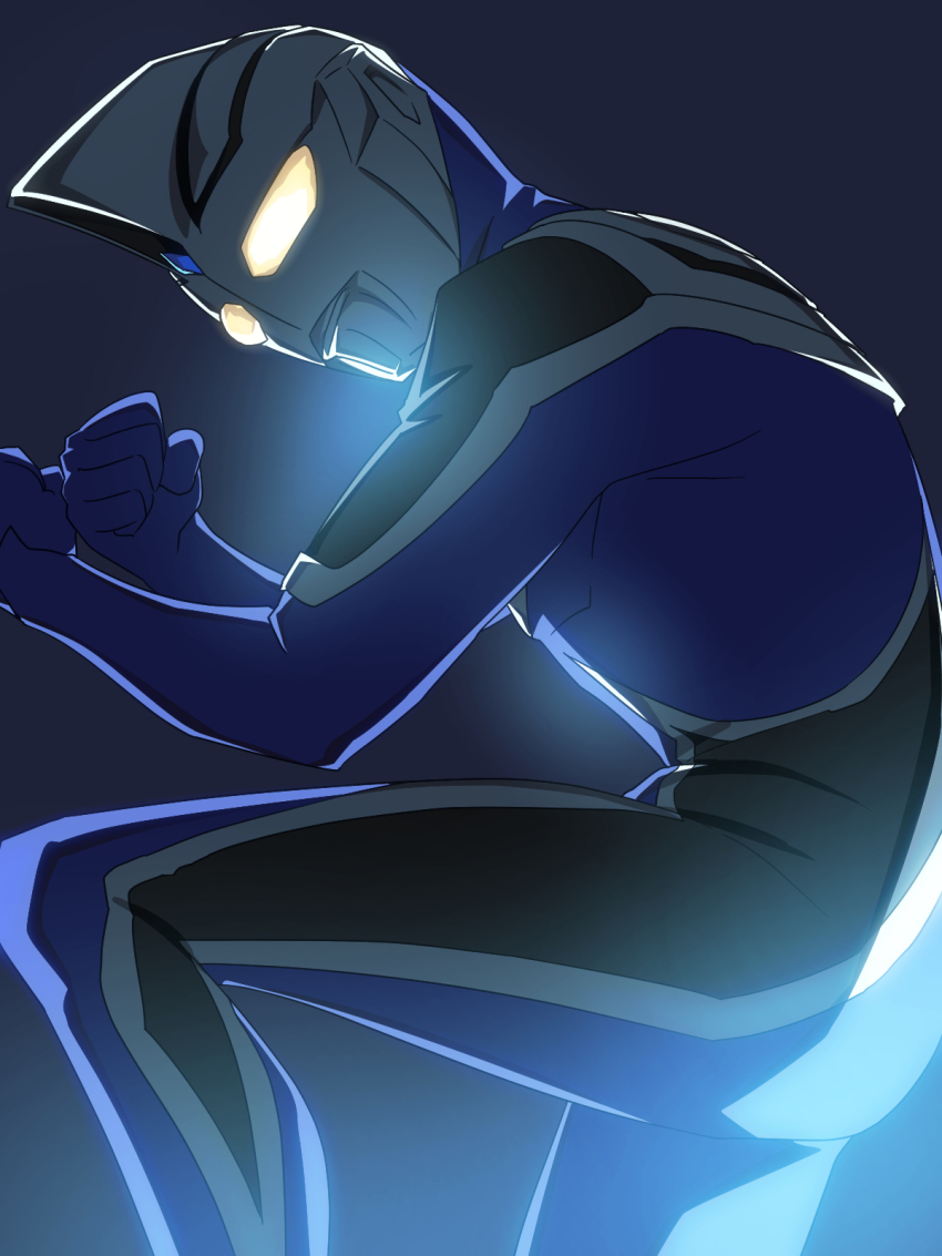 1boy alien armor baasaku_(balasaku24) black_skin blue_gemstone blue_skin breastplate clenched_hands colored_skin commentary compound_eyes crossed_wrists dark_background dorsal_fin english_commentary feet_out_of_frame forehead_jewel gem glowing glowing_eyes gradient_eyes highres kneeling looking_at_viewer male_focus multicolored_eyes multicolored_skin on_one_knee shoulder_armor silver_skin solo tokusatsu toned toned_male ultra_series ultraman_agul ultraman_gaia_(series) underlighting white_eyes wrinkled_skin yellow_eyes