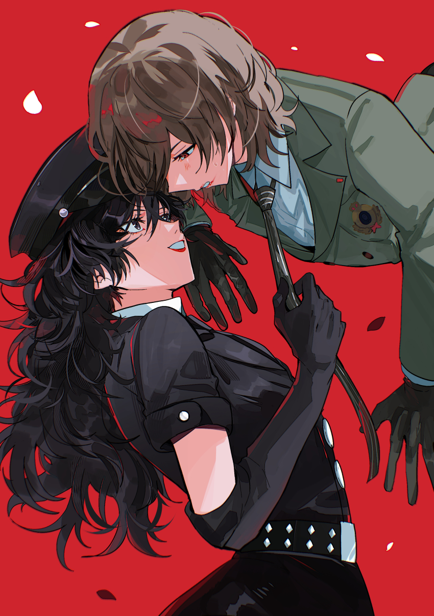2boys absurdres akechi_gorou amamiya_ren black_hair black_hat brown_hair fsmaichobpeg0 grin hair_between_eyes hat highres male_focus multiple_boys persona persona_5:_dancing_star_night persona_dancing red_background red_eyes short_hair smile teeth trap