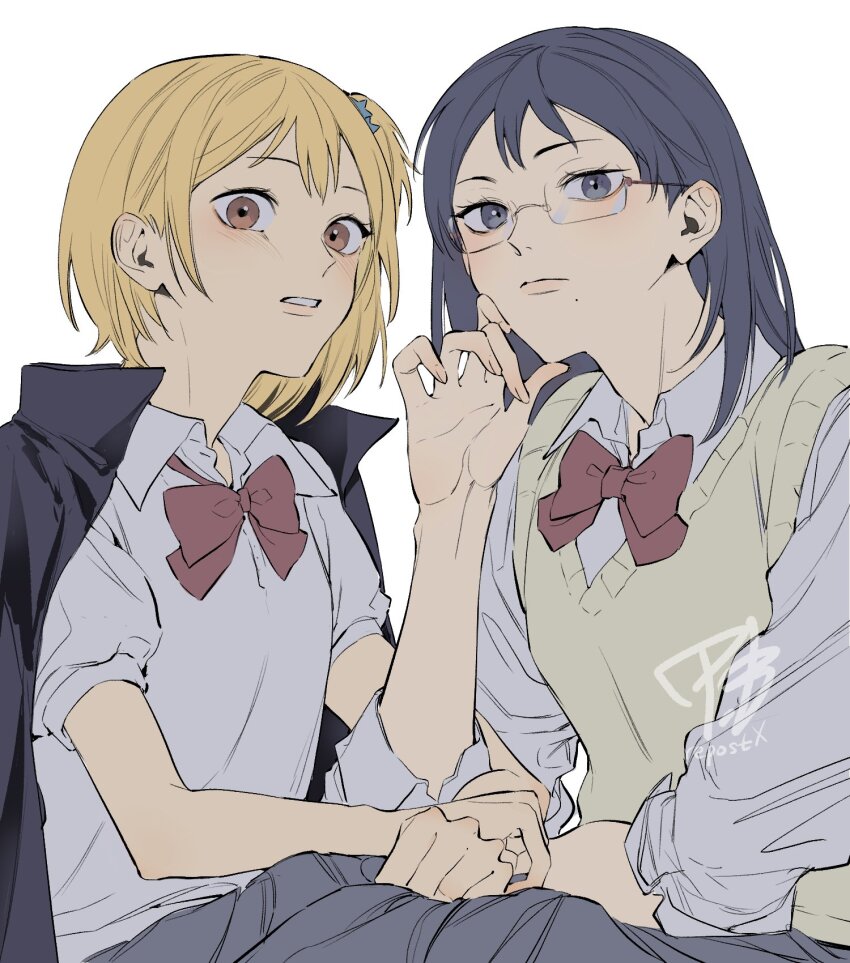 2girls black_jacket blonde_hair blue_eyes blue_hair bow bowtie brown_eyes glasses haikyuu!! highres jacket looking_at_viewer m_m_pb mole mole_under_mouth multiple_girls red_bow red_bowtie shimizu_kiyoko side_ponytail simple_background sweater_vest upper_body white_background yachi_hitoka