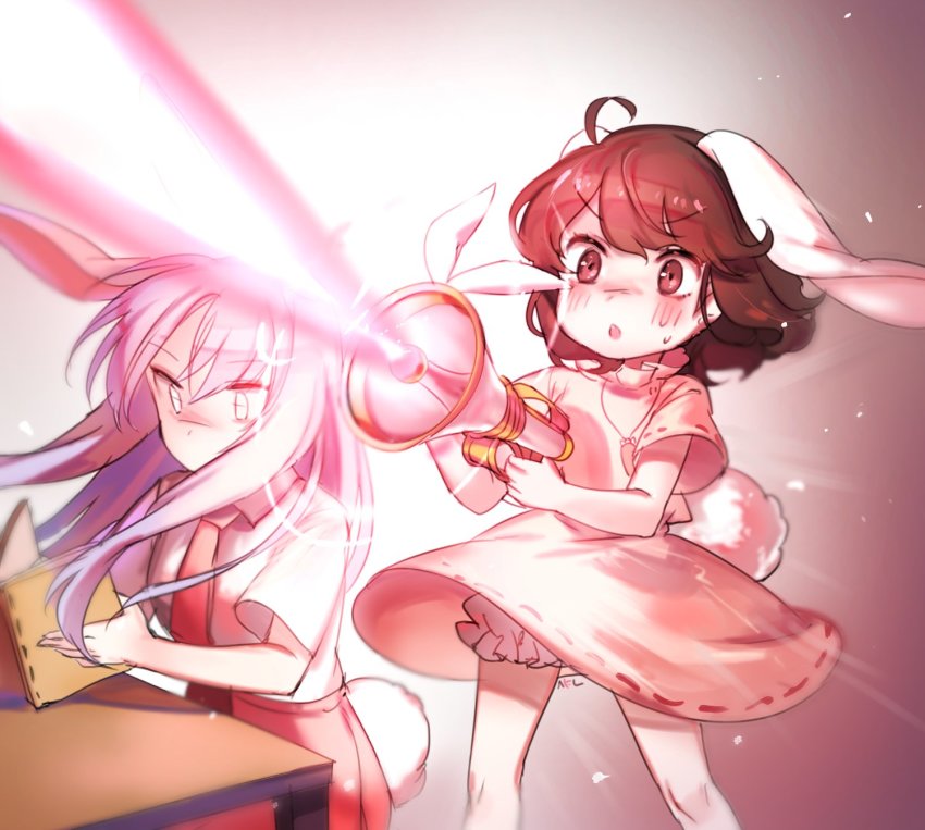 2girls animal_ears bad_id bad_twitter_id beam bloomers blush book brown_eyes brown_hair dress energy firing highres holding inaba_tewi lunatic_gun multiple_girls pink_dress pink_hair rabbit_ears rabbit_girl rabbit_tail reisen_udongein_inaba shan sitting standing surprised sweatdrop tail touhou underwear