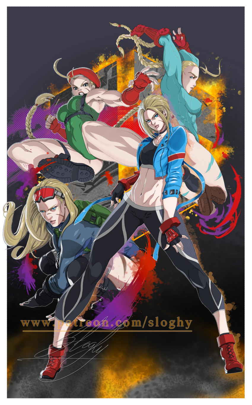 1girl absurdres alternate_costume alternate_hairstyle artist_name artist_request ass attack bare_legs bare_shoulders blonde_hair blue_eyes bodypaint braid breasts cammy_white clenched_teeth covered_navel curvy fingerless_gloves fingernails gloves green_leotard hat highleg highleg_leotard highres jumping kicking large_breasts leotard lips long_hair looking_at_viewer multiple_views official_alternate_costume red_gloves shiny_skin short_hair skindentation smile squatting street_fighter street_fighter_6 street_fighter_alpha street_fighter_v teeth thong_leotard twin_braids very_long_hair wide_hips