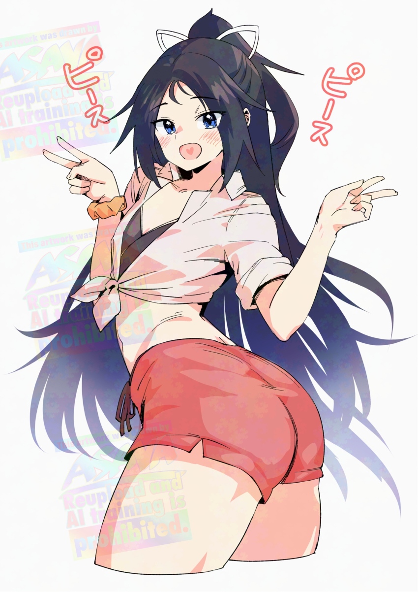 asava_(hutaitenn) ass bikini bikini_under_clothes black_bikini black_hair blue_eyes collared_shirt commentary_request cosplay cowboy_shot cropped_legs double_v dress_shirt heart heart_in_mouth highres kantai_collection katsuragi_(kancolle) long_hair noshiro_(kancolle) noshiro_(kancolle)_(cosplay) noshiro_(swimsuit)_(kancolle) orange_scrunchie ponytail red_shorts scrunchie shirt shorts smile swimsuit tied_shirt v watermark white_shirt wrist_scrunchie