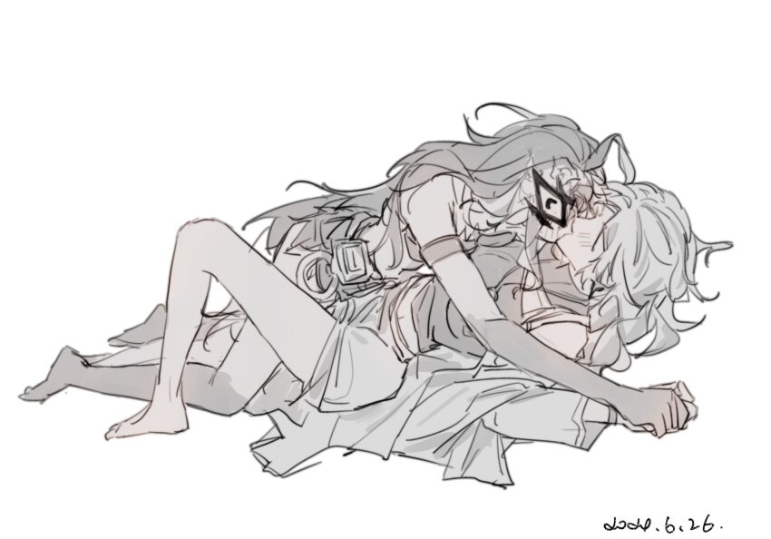 2girls bare_legs barefoot blush closed_eyes dated du_ruo_(path_to_nowhere) girl_on_top gradient_skin greyscale highres jewelry kiss long_hair monochrome multiple_girls necklace path_to_nowhere pinned shirt skirt tooong4 yao_(path_to_nowhere) yuri