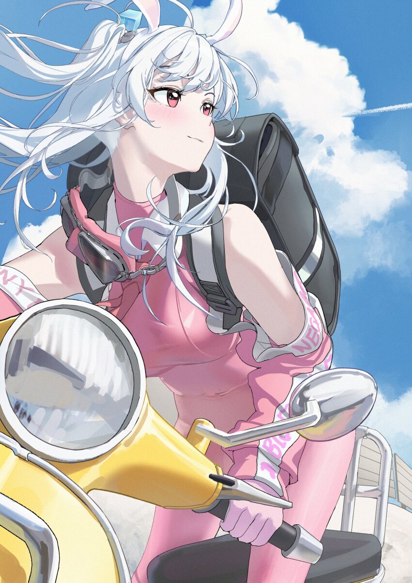 1girl absurdres alice_(nikke) animal_ears backpack bag blue_sky blush bodysuit breasts bypos character_request check_character check_copyright closed_mouth cloud commentary_request copyright_request day detached_sleeves gloves goddess_of_victory:_nikke highres long_hair medium_breasts motor_vehicle on_scooter one_side_up outdoors pink_bodysuit pink_eyes pink_gloves rabbit_ears scooter sky vespa white_hair