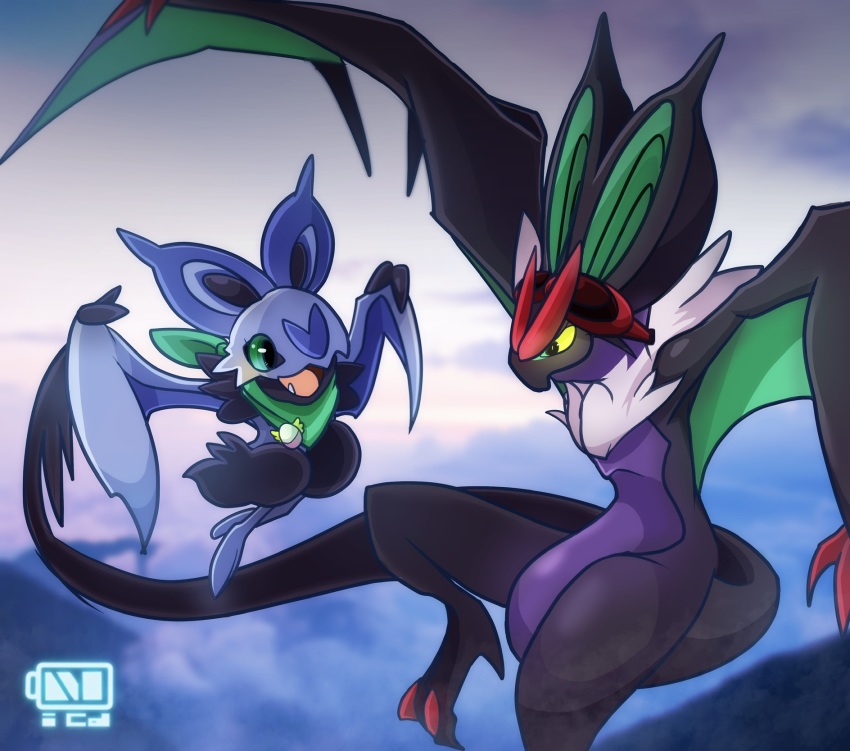 bat_(animal) battery_indicator closed_mouth commentary_request day evolutionary_line eyelashes fang flying game_freak gen_6_pokemon green_eyes highres nikkado nintendo no_humans noibat noivern open_mouth outdoors pokemon pokemon_(creature) tongue