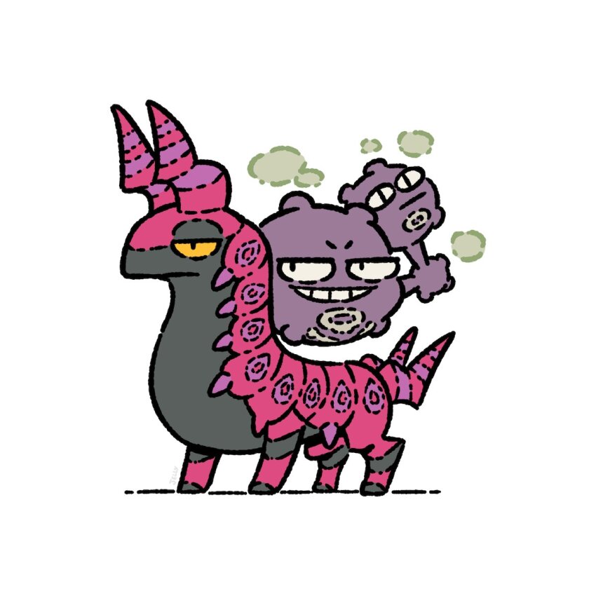 bug centipede commission gameplay_mechanics gas gen_1_pokemon gen_5_pokemon highres multiple_heads multiple_legs nintendo no_humans plainwhite pokemon pokemon_(creature) pokemon_tcg pokemon_tcg_pocket scolipede simple_background skull_and_crossbones smog standing weezing white_background