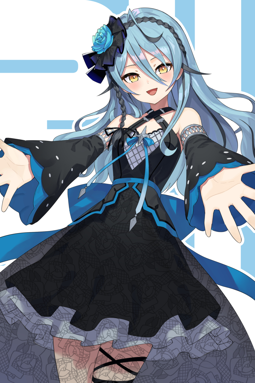 1girl absurdres ahoge black_dress black_hair black_ribbon black_sleeves blue_flower blue_hair blue_ribbon blue_rose blush cowboy_shot detached_sleeves dress floral_print flower hair_between_eyes hair_flower hair_ornament hair_ribbon highres long_hair multicolored_hair mytea_(soso) nijisanji nijisanji_kr open_mouth ribbon rose ryu_hari solo thigh_strap virtual_youtuber yellow_eyes