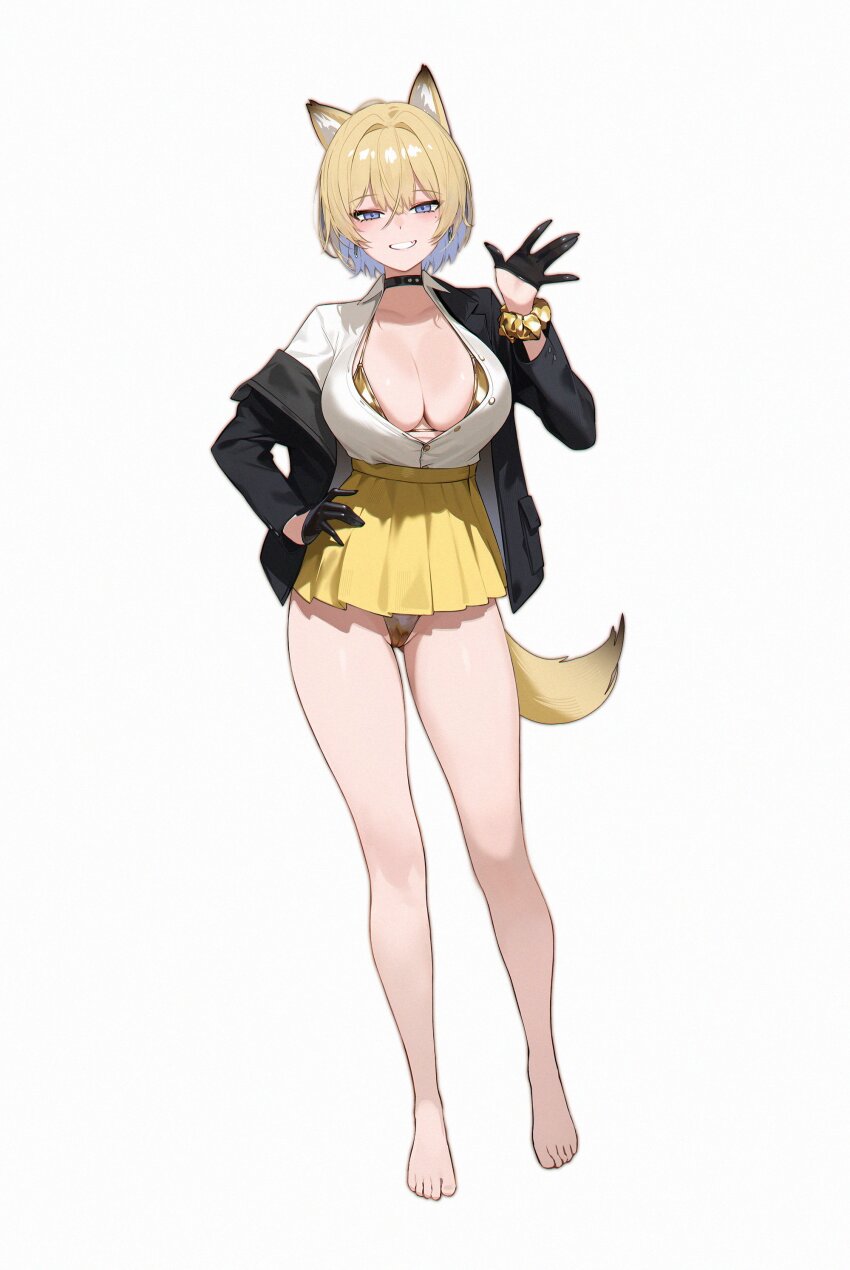 1girl absurdres animal_ears bare_legs barefoot bikini bikini_under_clothes black_choker black_gloves black_jacket blonde_hair blue_eyes breasts choker cleavage collared_shirt double-parted_bangs gloves gold_bikini grin groin hair_between_eyes half_gloves hand_on_own_hip hand_up highres jacket large_breasts mole mole_under_eye off_shoulder original partially_unbuttoned pleated_skirt scrunchie shirt shirt_tucked_in short_hair simple_background skirt smile solo standing starcat swimsuit tail toes white_background white_shirt wrist_scrunchie yellow_skirt