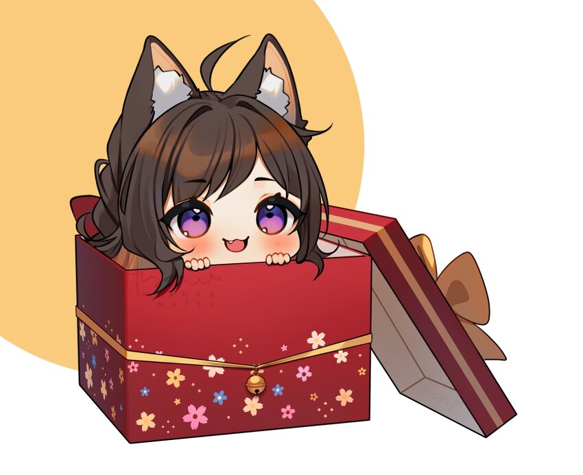 1girl ahoge animal_ear_fluff animal_ears bell blush bow box brown_hair chibi circle commentary commission english_commentary eyelashes fang flower fox_ears gift hair_bun hair_intakes highres hyanna-natsu in_box in_container lid long_hair looking_ahead open_mouth original purple_eyes single_hair_bun smile solo swept_bangs white_background ych_commission yellow_bow