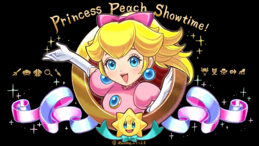 1girl blonde_hair blue_eyes bow breasts commentary_request copyright_name cosmetics dress earrings elbow_gloves gloves highres jewelry looking_at_viewer mario_(series) metro-goldwyn-mayer nintendo pink_bow pink_dress ponytail princess_peach princess_peach:_showtime! short_sleeves sphere_earrings star_(symbol) stella_(peach) suruga_kanade white_gloves