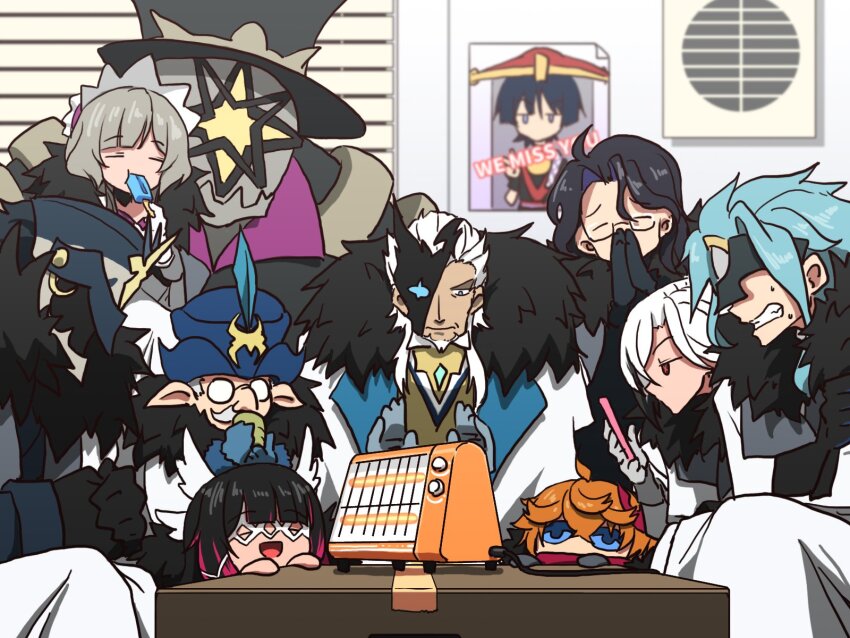 3girls 6+boys ahoge arlecchino_(genshin_impact) black_gloves black_hair black_hat black_helmet black_mask black_sleeves blue_eyes blue_gemstone blue_hair blue_hat blunt_bangs bonnet capitano_(genshin_impact) cheek_bulge clenched_teeth closed_eyes coat columbina_(genshin_impact) curtained_hair dark-skinned_male dark_skin dottore_(genshin_impact) eye_mask facial_hair facing_object facing_viewer fatui_coat food fur-trimmed_sleeves fur_collar fur_trim gem genshin_impact gloves goatee grey_gloves grey_hair half_mask hat head_wings heater helmet highres holding holding_food holding_phone holding_popsicle imtmcomics looking_at_object looking_at_phone mask mecha multicolored_hair multiple_boys multiple_girls multiple_wings mustache open_hands open_mouth palms_together pantalone_(genshin_impact) phone pierro_(genshin_impact) pink_hair pointy_ears popsicle poster_(object) pulcinella_(genshin_impact) red_pupils rimless_eyewear robot round_eyewear sandrone_(genshin_impact) scaramouche_(genshin_impact) self_hug semi-rimless_eyewear short_hair streaked_hair sweat swept_bangs symbol-shaped_pupils table tartaglia_(genshin_impact) teeth top_hat white_coat white_gloves white_hair white_headdress white_mask white_wings wings winter_clothes winter_coat x-shaped_eyewear x-shaped_pupils