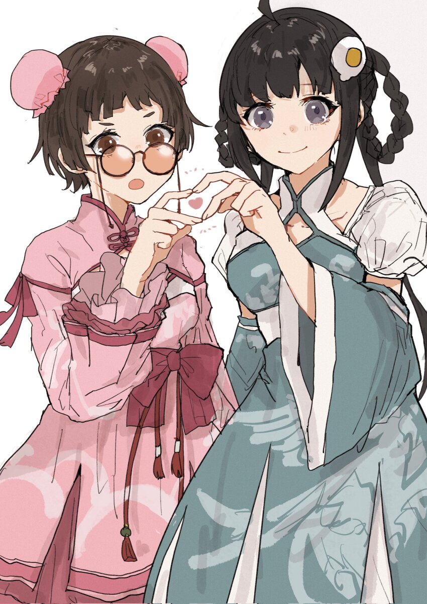 2girls ahoge araragi_tsukihi bespectacled black_hair blunt_bangs braid brown_eyes brown_hair bun_cover china_dress chinese_clothes collarbone commentary_request detached_sleeves double_bun dress egg_hair_ornament food-themed_hair_ornament glasses green_dress grey_eyes hair_bun hair_ornament hair_rings heart heart_hands heart_hands_duo highres monogatari_(series) multiple_girls open_mouth pink_dress puffy_sleeves round_eyewear sengoku_nadeko short_hair smile twin_braids valhalla0707