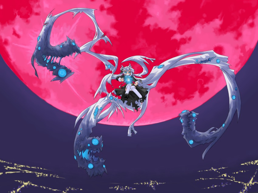 1girl bad_id bad_pixiv_id blue_eyes dress female_focus flying full_moon highres living_hair long_hair mof mof&#039;s_silver_haired_twintailed_girl moon night original panties pantyshot silver_hair sky solo underwear
