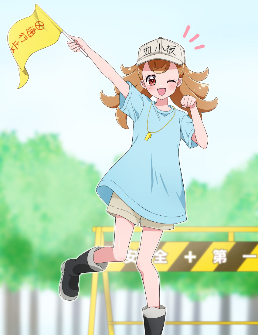 1girl ;d absurdres baseball_cap black_boots blue_shirt blue_sky blurry blurry_background boots brown_hair clear_sky commentary_request commission cosplay day flag forest grey_shorts hat hataraku_saibou highres holding holding_flag inukai_komugi kagami_chihiro long_hair looking_at_viewer naganawa_maria nature notice_lines one_eye_closed open_mouth outdoors partial_commentary paw_pose pixiv_commission platelet_(hataraku_saibou) platelet_(hataraku_saibou)_(cosplay) precure red_eyes shirt short_sleeves shorts sign sky smile solo split_ponytail standing standing_on_one_leg t-shirt translated voice_actor_connection warning_sign whistle whistle_around_neck white_hat wonderful_precure!