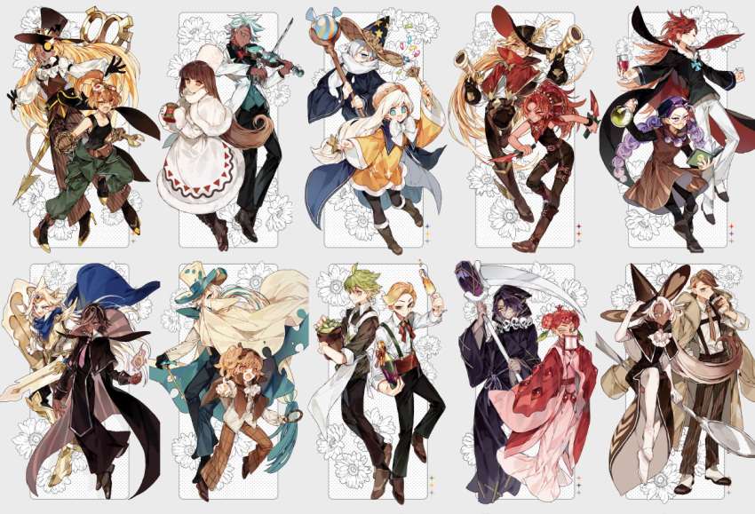 6+boys 6+girls ahoge alchemist_cookie almond_cookie black_pantyhose black_shirt blue_cape brother_and_sister brown_cape brown_dress cape chili_pepper_cookie cocoa_cookie cookie_run cookie_run:_kingdom cookie_run:_ovenbreak cream_puff_cookie croissant_cookie cup dark-skinned_female dark-skinned_male dark_skin dress dual_wielding espresso_cookie flask flower_pot food-themed_hat full_body gloves goggles goggles_on_head green_hair green_pants grin hat herb_cookie high_ponytail holding holding_cup holding_flask holding_flower_pot holding_scythe holding_staff holding_wand humanization instrument latte_cookie licorice_cookie long_hair long_sleeves looking_at_viewer low-tied_long_hair madeleine_cookie mint_choco_cookie mug multiple_boys multiple_girls open_mouth paladin pants pantyhose pomegranate_cookie ponytail red_eyes red_hair roguefort_cookie rye_cookie sapphire_(nine) scarf scissors scythe shirt siblings smile sparkling_cookie spoon staff timekeeper_cookie vampire_cookie very_long_hair violin walnut_cookie wand white_dress white_gloves white_hair white_hat white_pants white_scarf wizard_cookie yellow_dress