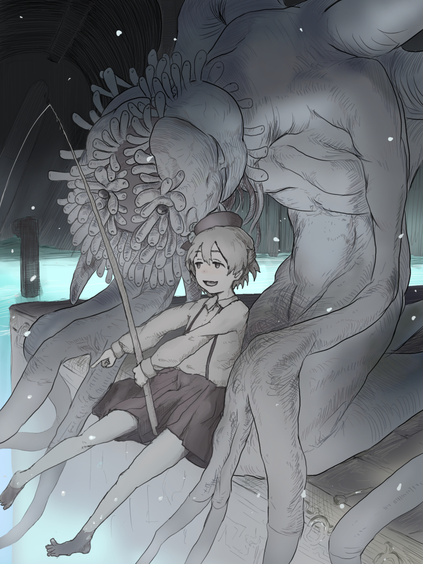 2girls barefoot beret black_headwear black_ribbon black_skirt bloodborne blue_eyes brown_eyes collared_shirt ebrietas_daughter_of_the_cosmos fishing fishing_rod flower hair_between_eyes hat hatoba_tsugu highres kiwa_(soek) monster multiple_girls ribbon rose shirt skirt suspender_skirt suspenders tentacles tsugu_(vtuber) virtual_youtuber white_flower white_rose white_shirt wings yuri