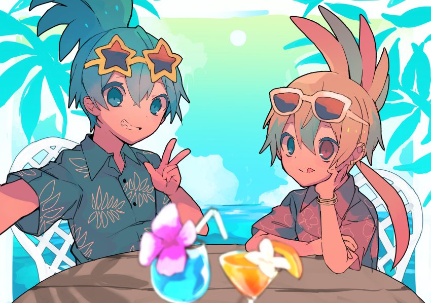 2boys blue_eyes blue_hair blurry blurry_foreground bracelet chair day drinking_straw grin hawaiian_shirt head_rest heterochromia highres jewelry larry_koopa lemmy_koopa long_hair lzesmelt mario_(series) multiple_boys nintendo outdoors personification red_eyes selfie shirt sitting smile star-shaped_eyewear star_(symbol) sunglasses super_mario_bros._3 table tongue tongue_out v white-framed_eyewear yellow-framed_eyewear