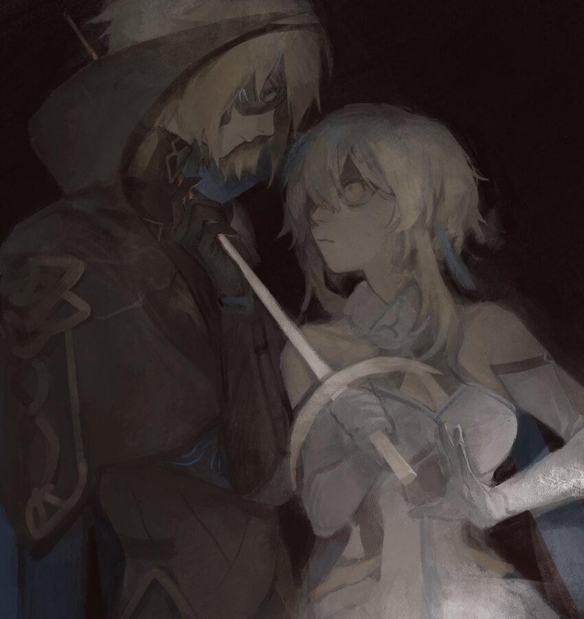1boy 1girl bare_shoulders black_background black_cape blonde_hair breasts cape cleavage closed_mouth dainsleif_(genshin_impact) dress elbow_gloves eye_contact feather_hair_ornament feathers genshin_impact glaring gloves hair_between_eyes hair_ornament half_mask halterneck highres holding holding_sword holding_weapon impaled kaimochi0839 looking_at_another lumine_(genshin_impact) mask short_hair stab sword weapon white_dress white_gloves yellow_eyes