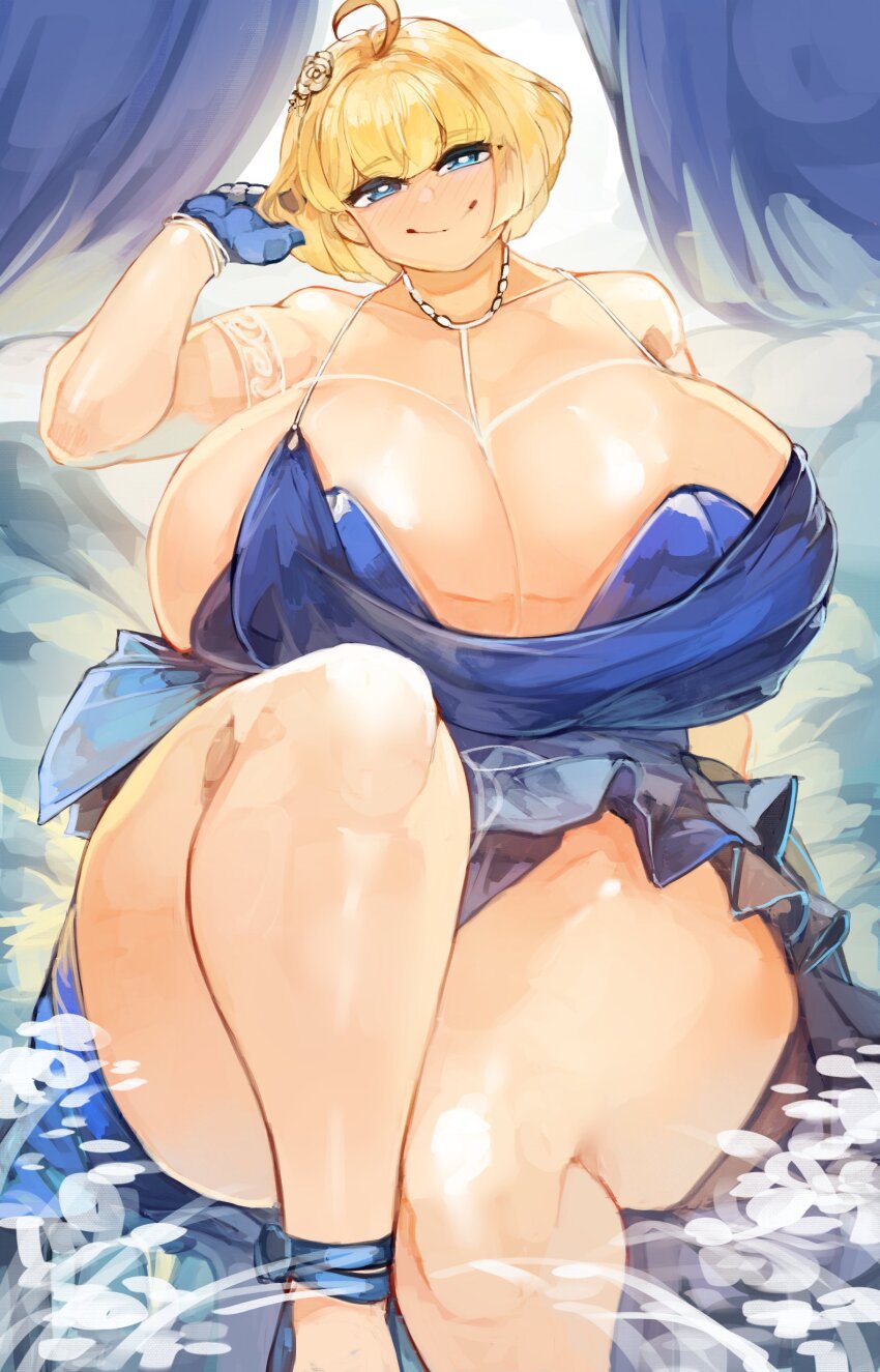 1girl absurdres ahoge ankle_strap armband blonde_hair blue_dress blue_eyes blue_gloves bob_cut breasts cleavage dress flower gloves griffon_(last_origin) hair_flower hair_ornament high_heels highres huge_breasts jewelry lace_armband larribee last_origin leg_up necklace short_hair sitting sleeveless sleeveless_dress smile solo thick_thighs thighs wide_hips wristband wtgn_grim