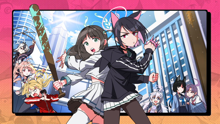 6+girls airi_(blue_archive) animal_ears baseball_bat blue_archive cat_ears halo highres kayoko_(blue_archive) kazusa_(blue_archive) kikyou_(blue_archive) kunio-kun_series long_hair medium_hair multiple_girls nasan_(coldtime) natsu_(blue_archive) pleated_skirt reisa_(blue_archive) river_city_girls school_uniform short_hair skirt spiked_knuckles tagme yoshimi_(blue_archive) yukari_(blue_archive)