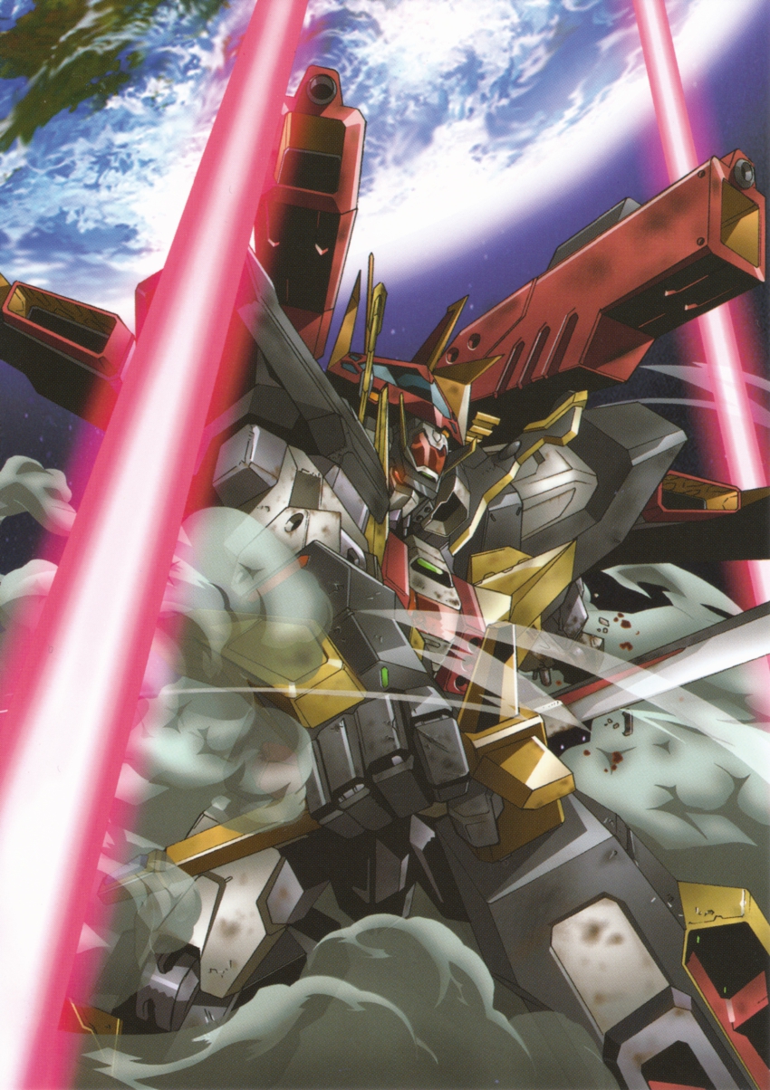 00s absurdres dancouga_(series) dancouga_nova_max_god earth_(planet) highres juusou_kikou_dancouga_nova mecha official_art oobari_masami planet robot smoke super_robot sword weapon