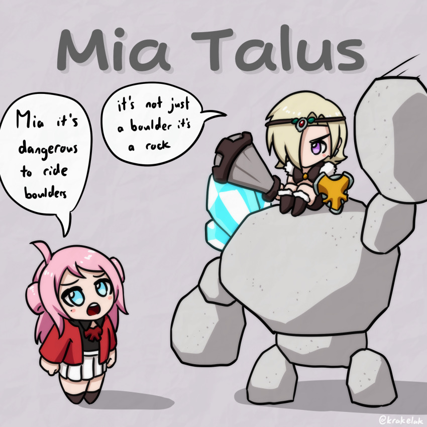 2girls ahoge black_shirt blonde_hair blue_eyes blush_stickers boulder chibi chibi_only club_(weapon) collared_shirt commentary dress_shirt english_commentary english_text golem grey_background hair_over_one_eye highres holding holding_club holding_shield holding_weapon jacket krakelak long_hair long_sleeves looking_at_another love_live! love_live!_nijigasaki_high_school_idol_club mia_taylor miniskirt mole mole_under_eye multiple_girls neck_ribbon nijigasaki_school_uniform nintendo no_mouth one_eye_covered open_clothes open_jacket pink_hair pleated_skirt pun purple_eyes red_jacket red_ribbon ribbon school_uniform shield shirt short_hair sidelocks sitting skirt speech_bubble standing stone_talus swept_bangs teeth text_focus the_legend_of_zelda the_legend_of_zelda:_breath_of_the_wild twitter_username two_side_up upper_teeth_only v-shaped_eyebrows weapon white_skirt winter_uniform zhong_lanzhu