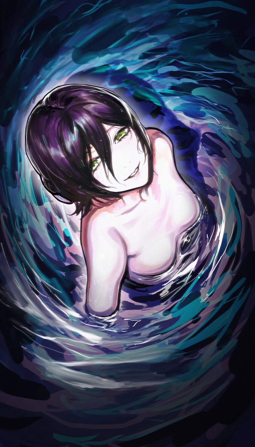 1girl black_hair breasts chainsaw_man deka_yo from_above hair_between_eyes highres looking_up partially_submerged reze_(chainsaw_man) small_breasts solo water