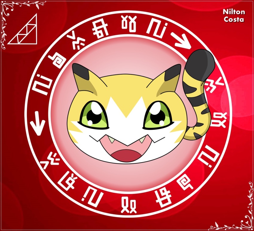 digimon digimon_(creature) digimon_adventure_tri. fangs green_eyes looking_at_viewer meicoomon_baby smile solo tail