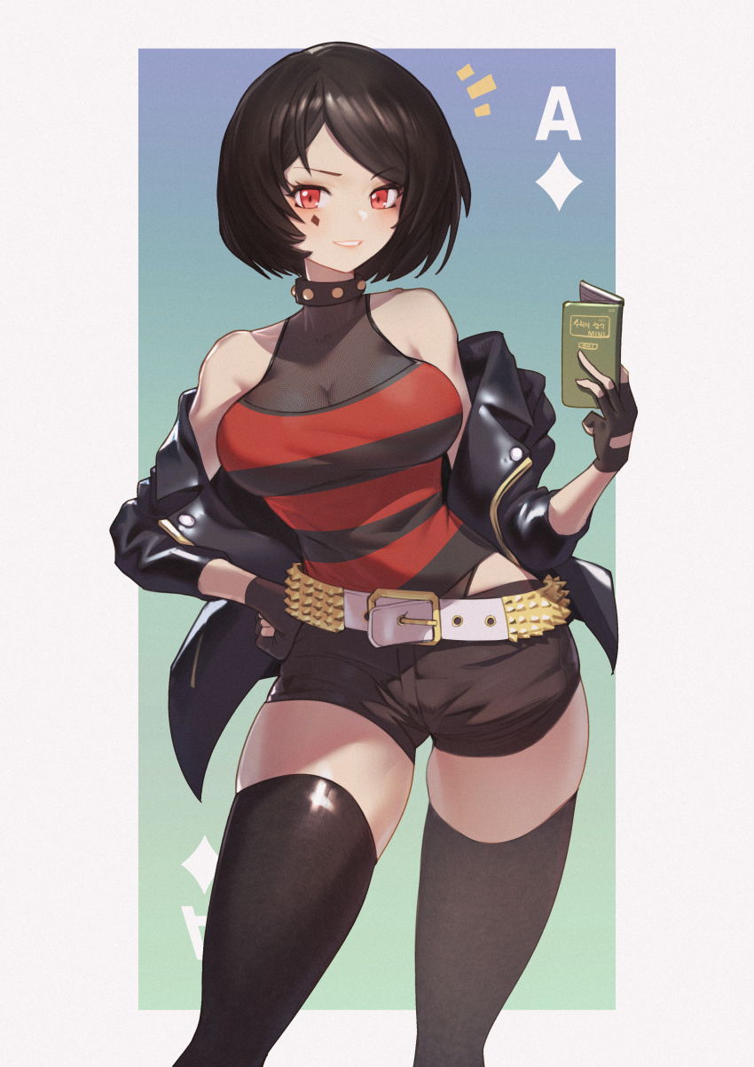 1girl absurdres alternate_costume bare_shoulders belt black_collar black_gloves black_hair black_jacket black_shorts black_thighhighs bob_cut breasts cleavage collar dark_persona facial_mark fingerless_gloves gloves hand_on_own_hip highres holding holding_notebook huge_filesize jacket jin_rou korean_commentary korean_text large_breasts looking_at_viewer loose_belt notebook off_shoulder open_clothes open_jacket parted_bangs parted_lips red_eyes semi_(ebs) semi_wa_magic_cube shirt short_hair short_shorts shorts skindentation sleeveless sleeveless_shirt smile solo striped_clothes striped_shirt studded_collar thighhighs