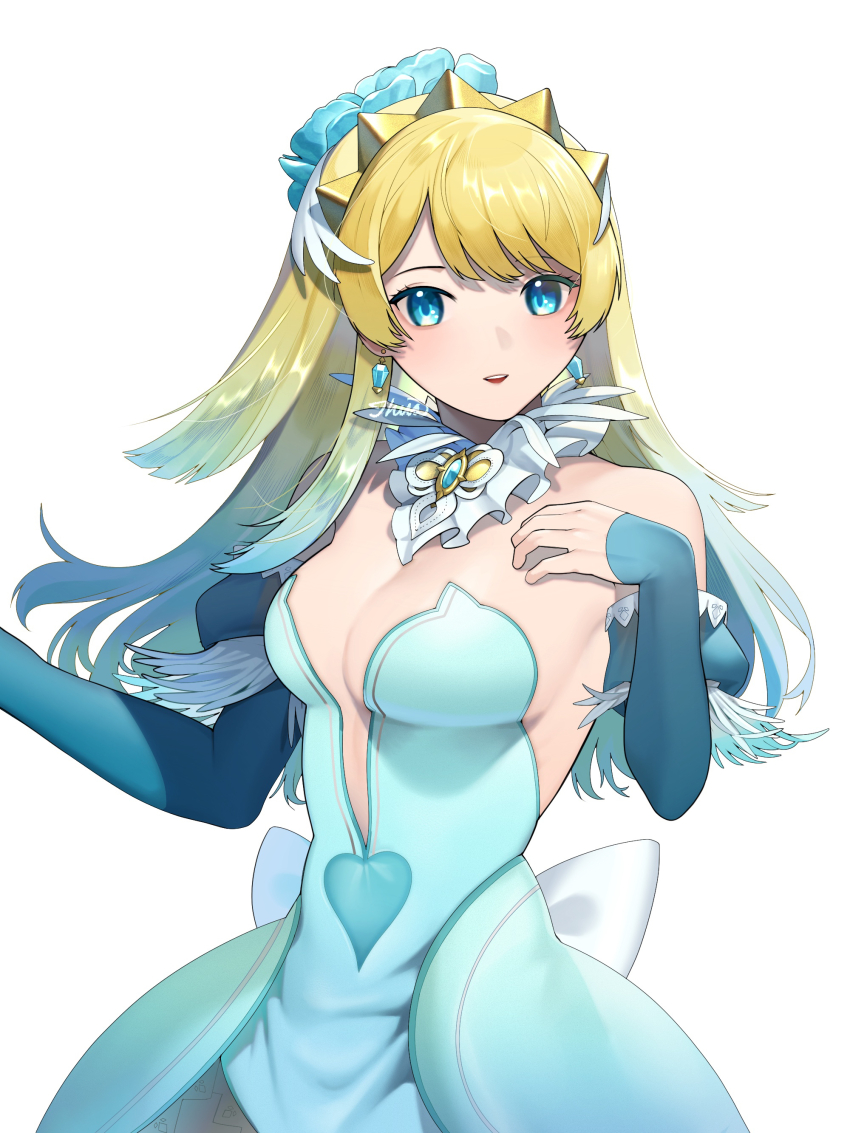 1girl absurdres alternate_hair_length alternate_hairstyle aqua_dress bare_shoulders blonde_hair blue_eyes blue_hair breasts brooch center_opening cleavage detached_collar detached_sleeves dress earrings fire_emblem fire_emblem_heroes fjorm_(fire_emblem) fjorm_(ice_tribe)_(fire_emblem) gradient_hair highres ikura_(downdexp) jewelry medium_breasts multicolored_hair nintendo official_alternate_costume official_alternate_hairstyle signature simple_background smile solo strapless strapless_dress tiara two-tone_hair white_background
