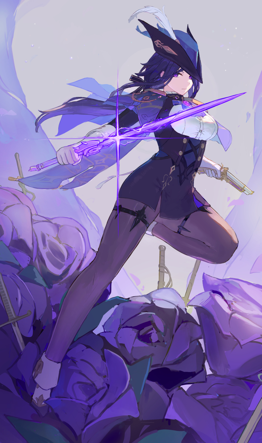 1girl absurdres antique_firearm black_corset black_pantyhose blue_cape blue_hair blue_hat breasts cape clorinde_(genshin_impact) commentary_request corset epaulettes f.sakuma firearm flower full_body genshin_impact gloves gun hat hat_feather high-waist_skirt highres large_breasts long_hair looking_at_viewer low_ponytail pantyhose pencil_skirt ponytail purple_eyes purple_flower purple_rose rose shine shirt skirt solo sword tricorne vision_(genshin_impact) weapon white_gloves white_shirt
