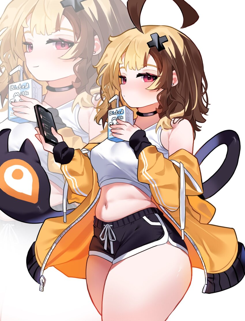 1girl ahoge alternate_costume alternate_hairstyle black_choker black_shorts blonde_hair blush breasts brown_hair choker clulless commentary cowboy_shot english_commentary gigi_murin hair_down hair_ornament highres holding holding_milk_carton holding_phone hololive hololive_english huge_ahoge jacket long_sleeves looking_at_viewer medium_breasts medium_hair milk_carton multicolored_hair navel off_shoulder orange_jacket phone red_eyes short_shorts shorts sideways_glance simple_background smile solo stomach tail tank_top two-tone_hair virtual_youtuber white_background white_tank_top x_hair_ornament zoom_layer