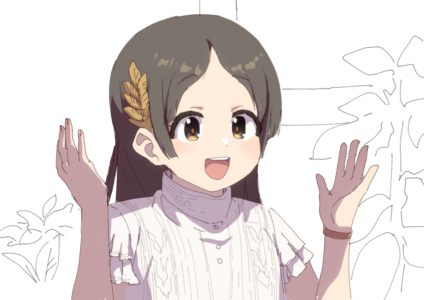 1girl atama_ga_paan_(meme) brown_eyes brown_hair commentary_request fuka_(kantoku) gakuen_idolmaster hair_ornament highres idolmaster kuramoto_china leaf_hair_ornament long_hair meme open_mouth parted_hair shirt smile soka_gakkai_international solo upper_body white_background white_shirt