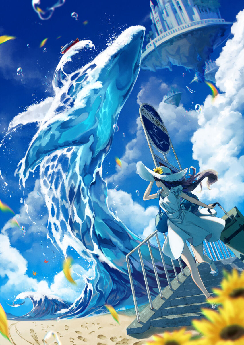 1girl baracan beach black_hair blue_bag castle cloud collarbone dress falling_petals floating_hair flower flying_whale hat hat_flower highres long_hair original petals railing rolling_suitcase sky sleeveless sleeveless_dress solo suitcase sun_hat sundress sunflower water_drop whale white_dress white_hat