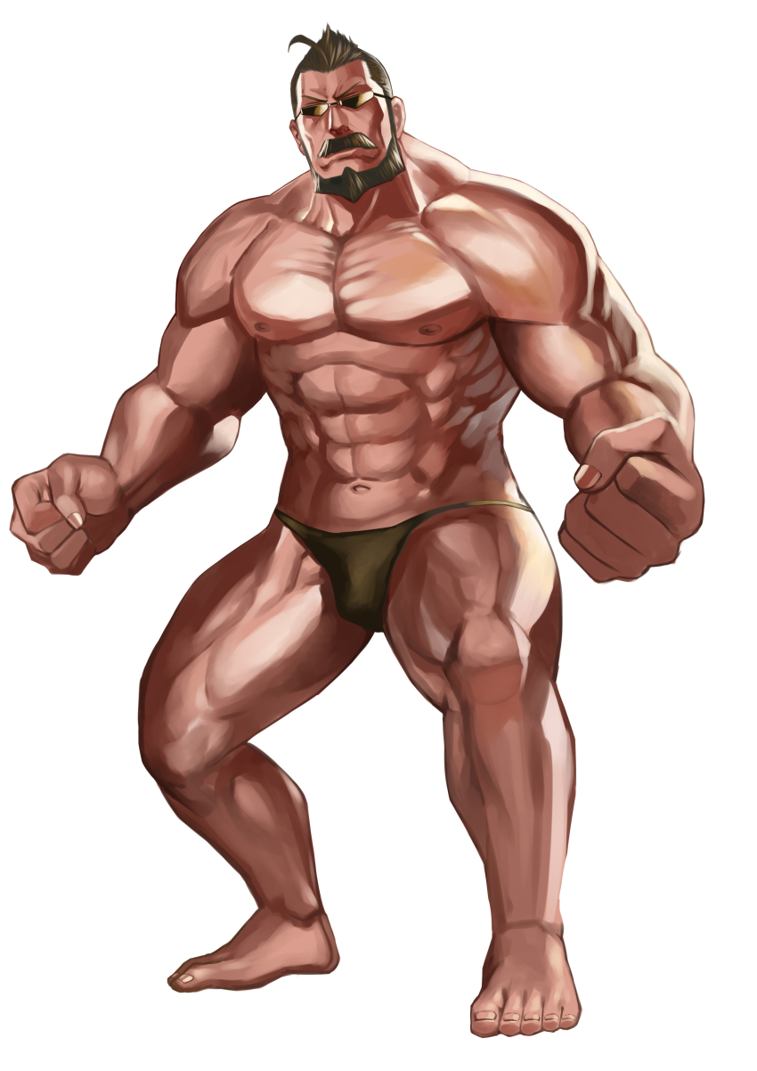 1boy abs absurdres angel_fall! beard black_hair brown_male_swimwear brown_swim_briefs daddy_(angel_fall!) facial_hair full_body gaou_(umaiyo_puyoman) highres male_focus male_swimwear manly muscular muscular_male mustache official_art short_hair solo sunglasses swim_briefs swimsuit