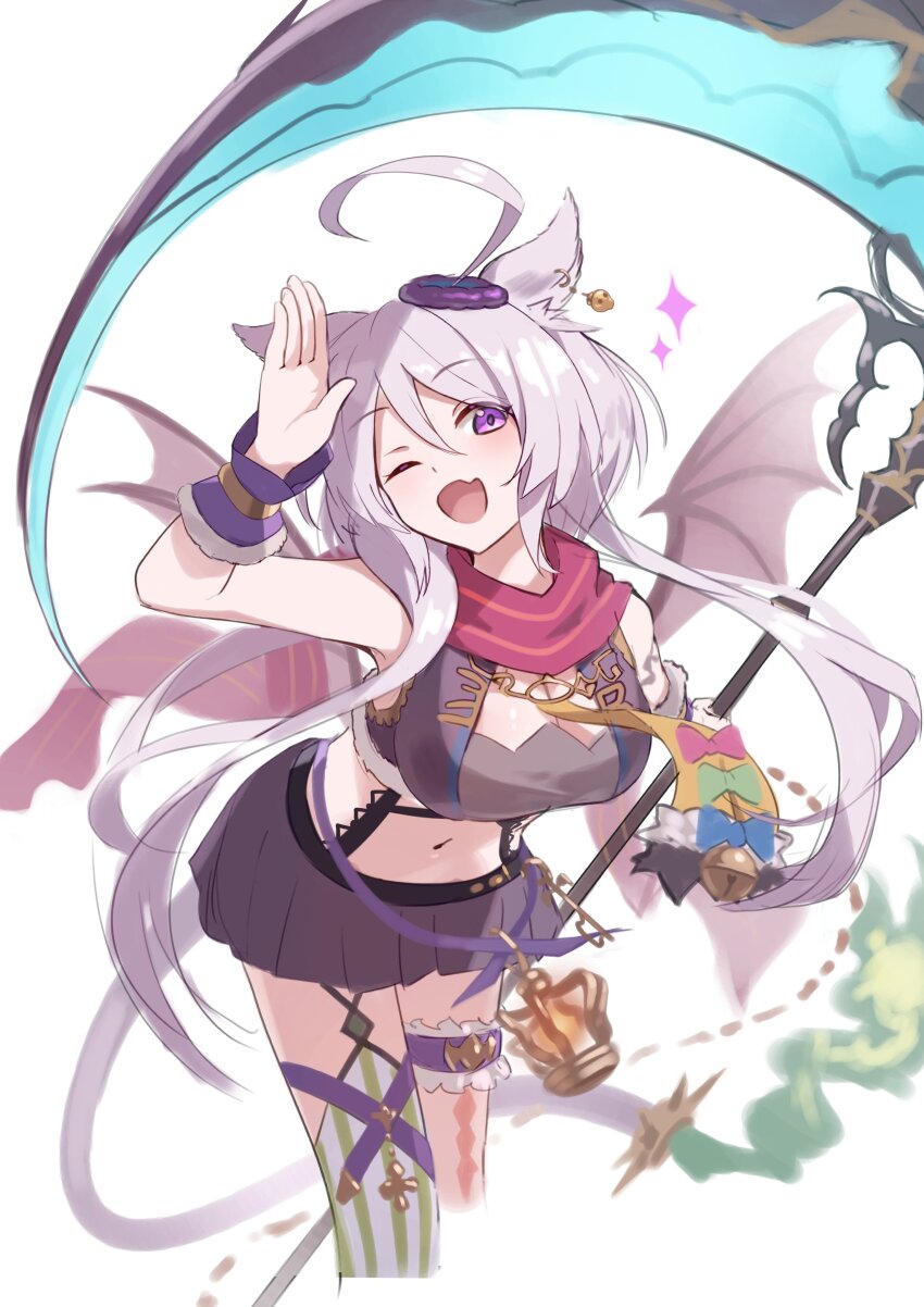 1girl absurdres ahoge animal_ears asymmetrical_legwear breasts cat_ears cat_girl cat_tail cleavage commentary crop_top deathcat_reaper_(shadowverse) demon_wings double-parted_bangs fang hair_between_eyes highres holding holding_scythe ichien_ekaki lantern large_breasts leaning_forward long_hair looking_at_viewer midriff miniskirt one_eye_closed open_mouth pleated_skirt purple_eyes purple_shirt purple_skirt scythe shadowverse shirt simple_background sketch skirt sleeveless smile solo suspenders tail thigh_strap walking waving white_background white_hair wings wrist_cuffs