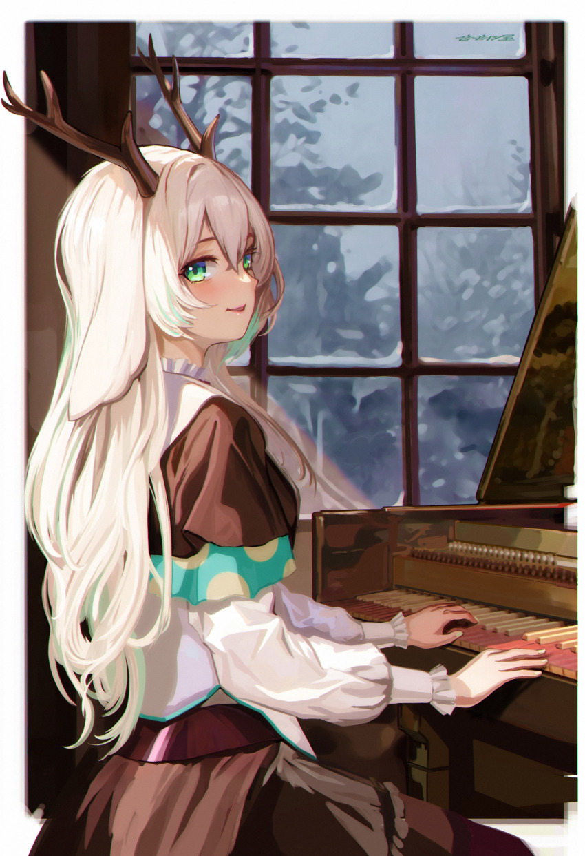 1girl absurdres animal_ears antlers blonde_hair brown_capelet brown_skirt capelet closed_mouth commentary cowboy_shot deer_ears deer_girl grand_piano green_eyes hair_between_eyes highres horns indoors instrument long_hair long_sleeves looking_at_viewer looking_to_the_side music nanashi_inc. otobeya piano playing_instrument shirt sitting skirt smile snow solo symbol-only_commentary tsukinoki_tirol virtual_youtuber white_shirt window