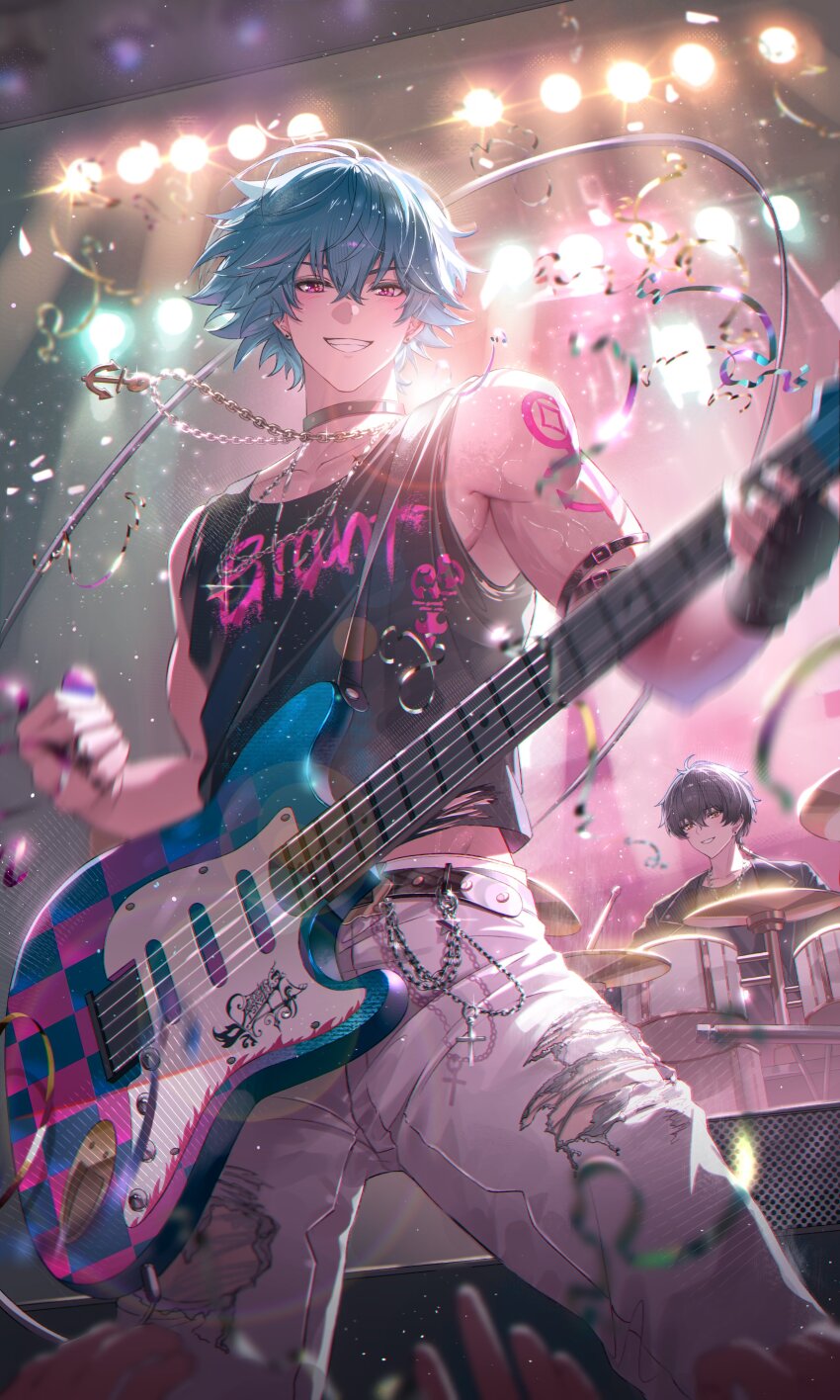 absurdres alternate_costume anchor_necklace belt black_belt black_gloves black_hair black_tank_top blue_hair brant_(wuthering_waves) clothes_writing collarbone commentary denim english_commentary fingerless_gloves gloves grin guitar highres instrument isobe47 jeans jewelry looking_at_viewer male_focus male_rover_(wuthering_waves) music necklace pants playing_guitar playing_instrument purple_eyes rover_(wuthering_waves) short_hair single_fingerless_glove smile solo_focus stage tank_top toned toned_male torn_clothes torn_pants white_pants wuthering_waves