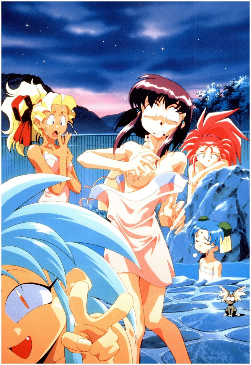 0_0 1990s_(style) 5girls :d :o assisted_exposure bath bathing blonde_hair blue_eyes blue_hair blush boulder censored convenient_censoring dark_skin dark-skinned_female earrings closed_eyes facial_mark fang fence forehead_mark green_eyes hair_ribbon hakubi_washuu highres jewelry kuramitsu_mihoshi long_hair masaki_aeka_jurai masaki_sasami_jurai mountain multiple_girls naked_towel night onsen open_mouth orange_eyes outdoors ponytail pool bathhouse purple_hair red_eyes red_hair ribbon ryou-ouki ryouko_(tenchi_muyou!) short_hair sidelocks sigh smile star_(symbol) stone surprised tenchi_muyou! towel towel_slip v very_long_hair wardrobe_malfunction water