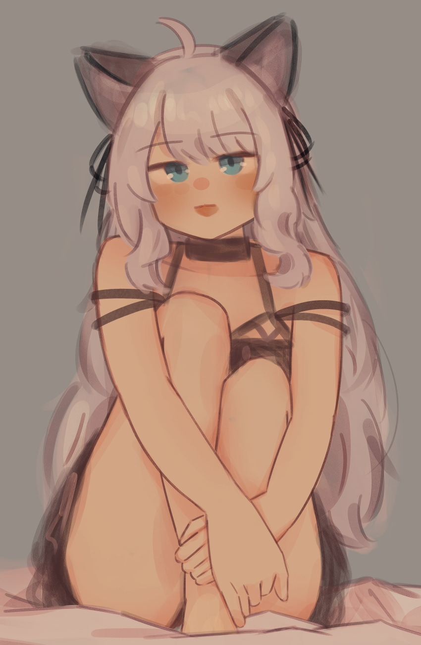 1girl :d absurdres ahoge alternate_costume animal_ears arknights babydoll bare_shoulders blue_eyes commentary english_commentary full_body grey_background grey_hair highres long_hair looking_at_viewer mint_(arknights) one-hour_drawing_challenge open_mouth simple_background sitting sketch smile solo turnip_eh