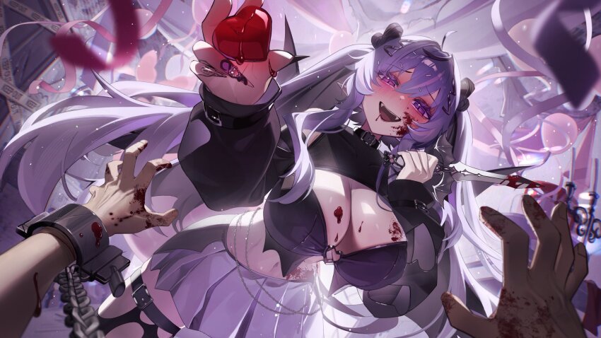 1girl 1other ahoge bat_wings belt belt_buckle belt_collar black_belt black_collar black_nails black_sleeves black_wings blood blood_on_body blood_on_breasts blood_on_face blood_on_hands blood_on_mouth blood_on_stomach bloody_knife bloody_weapon blush breasts buckle cetacean_tail chain cleavage cleavage_cutout clothing_cutout collar commentary cuffs double-parted_bangs english_commentary fangs fins fish_tail hair_between_eyes hair_ornament hairclip heart highres holding holding_heart indie_virtual_youtuber knife large_breasts long_hair long_sleeves looking_at_viewer nomu_(29_nom) open_mouth piercing pink_tail pov purple_eyes purple_hair purple_skirt second-party_source skirt smile sprinkle_hershy tail thigh_belt thigh_strap very_long_hair virtual_youtuber weapon wing_piercing wings