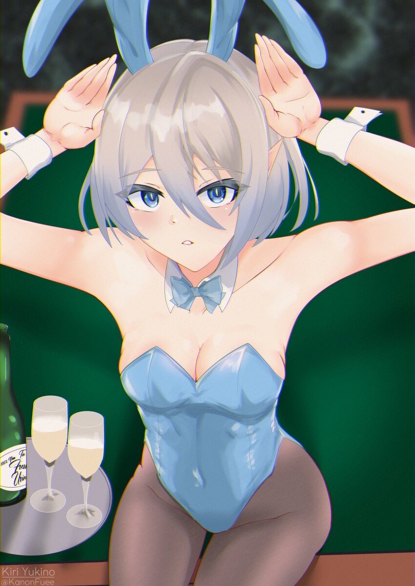 1girl absurdres animal_ears armpits blue_bow blue_bowtie blue_eyes blue_leotard blurry blurry_background bow bowtie breasts cleavage cup detached_collar drinking_glass fake_animal_ears grand_chase grey_hair highres kiri_yukino leotard light_blush looking_at_viewer medium_breasts medium_hair playboy_bunny pointy_ears pool_table rabbit_ears rabbit_pose sitting sitting_on_table solo table tiamat_(grand_chase) tray wine_glass wrist_cuffs