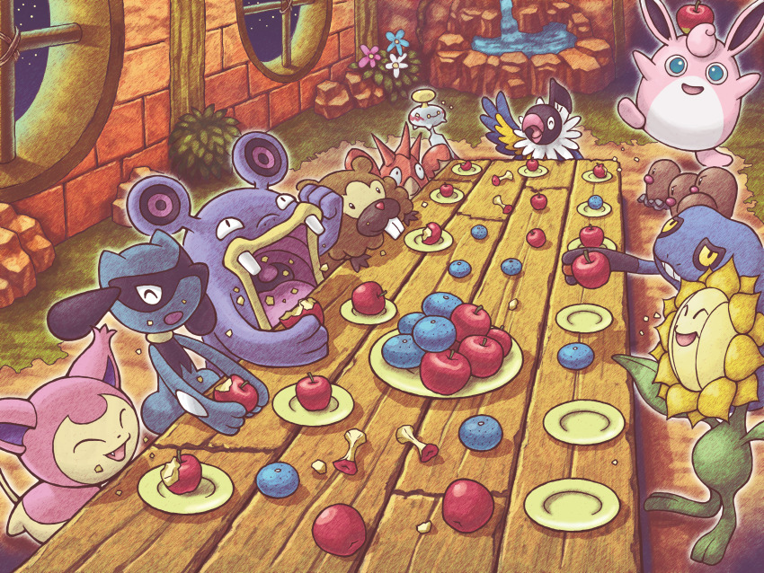 absurdres apple apple_core berry_(pokemon) bidoof bitten_apple blue_flower chatot chimecho closed_eyes corphish croagunk diglett dugtrio eating flower food food_bite fruit gen_1_pokemon gen_2_pokemon gen_3_pokemon gen_4_pokemon highres indoors loudred nintendo no_humans official_art open_mouth oran_berry plate pokemon pokemon_(creature) pokemon_mystery_dungeon pokemon_mystery_dungeon:_explorers_of_time/darkness/sky purple_flower riolu rock skitty sunflora table white_flower wigglytuff