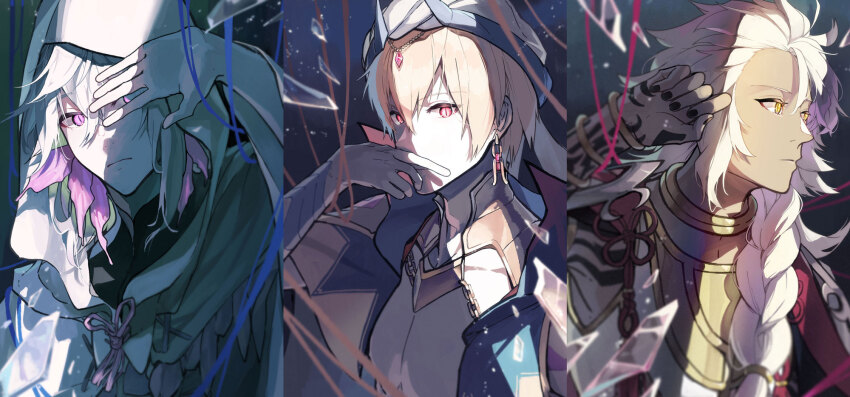 3boys age_nasuo arm_tattoo black_nails black_shirt blonde_hair blue_vest blurry bracelet braid broken_glass chinese_knot cloak closed_mouth column_lineup covering_own_mouth dark-skinned_male dark_skin depth_of_field earrings fate/grand_order fate_(series) flower flower_knot gilgamesh gilgamesh_(caster)_(fate) gilgamesh_(fate) glass gold_earrings gold_trim hair_between_eyes hair_flower hair_ornament hair_over_shoulder hand_over_eye hand_over_own_mouth hand_up head_chain highres hood hood_up jewelry long_hair looking_at_viewer looking_to_the_side male_focus merlin_(fate) multiple_boys nail_polish neck_ring purple_eyes purple_flower red_eyes serious shirt short_hair single_braid slit_pupils solomon_(fate) tattoo turban turtleneck turtleneck_shirt upper_body vest white_cloak white_hair yellow_eyes