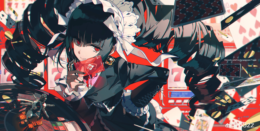 1girl absurdres bell black_hair black_nails bonnet card celestia_ludenberg chromatic_aberration claw_ring cross-laced_clothes cross-laced_sleeves danganronpa:_trigger_happy_havoc danganronpa_(series) drill_hair earrings frills gothic_lolita hand_on_own_hip highres holding holding_card jewelry jingle_bell jingle_bell_earrings lolita_fashion long_hair looking_at_viewer monokuma nail_polish playing_card red_eyes roulette solo twin_drills very_long_hair watermark weibo_watermark z3zz4