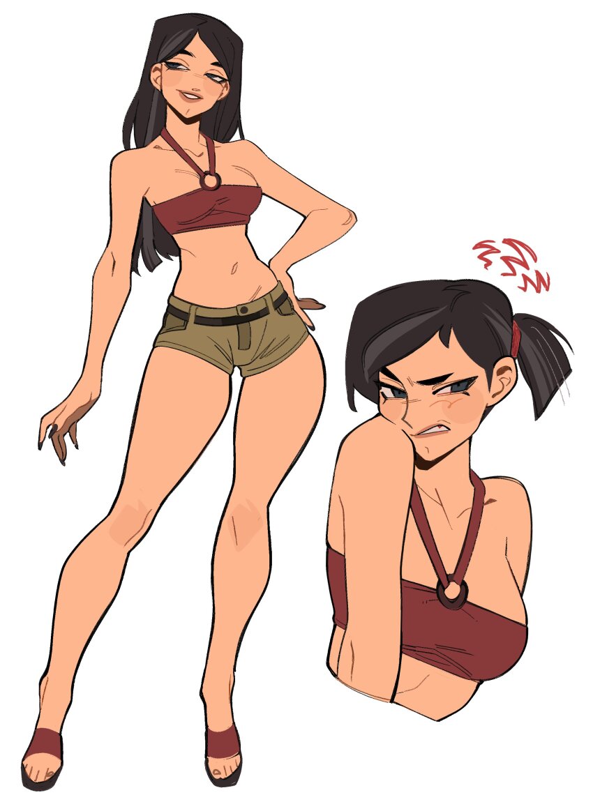 1girl absurdres black_hair breasts commentary english_commentary green_shorts hand_on_own_hip heather_(total_drama) highres large_breasts long_hair midriff multiple_views navel porqueloin red_shirt shirt short_shorts shorts solo tank_top teeth thick_thighs thighs tight_clothes total_drama