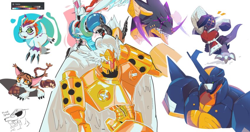 armor blitzmon chaosmon_valdur_arm digimon digimon_(creature) dragon duftmon gloves gomamon green_eyes highres horns jupitermon kotemon mask mikemon regulusmon sharp_teeth tail teeth wings